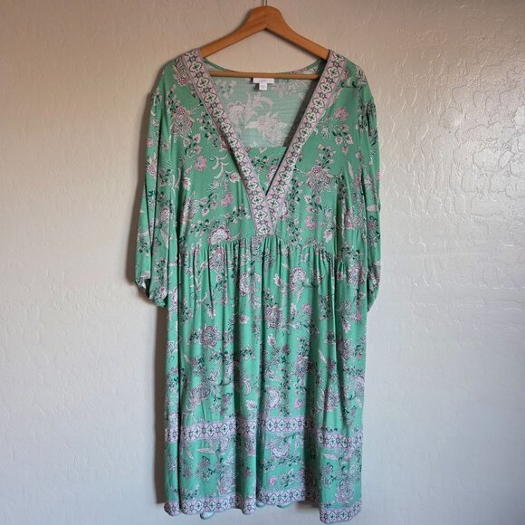 J.Jill Border Printed Flounced Hem Dress Size XL Light Garden Green Peasant Boho - Picture 1 of 12